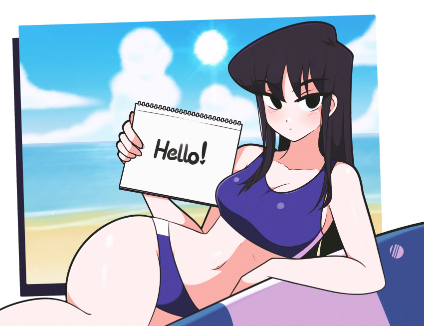 1girl absurdres beach bikini black_eyes black_hair blue_bikini border breasts cleavage cloud english_text highres holding holding_notepad jeff_miga komi-san_wa_komyushou_desu komi_shouko long_hair looking_at_viewer lying medium_breasts midriff navel notepad ocean solo surfboard swimsuit white_border