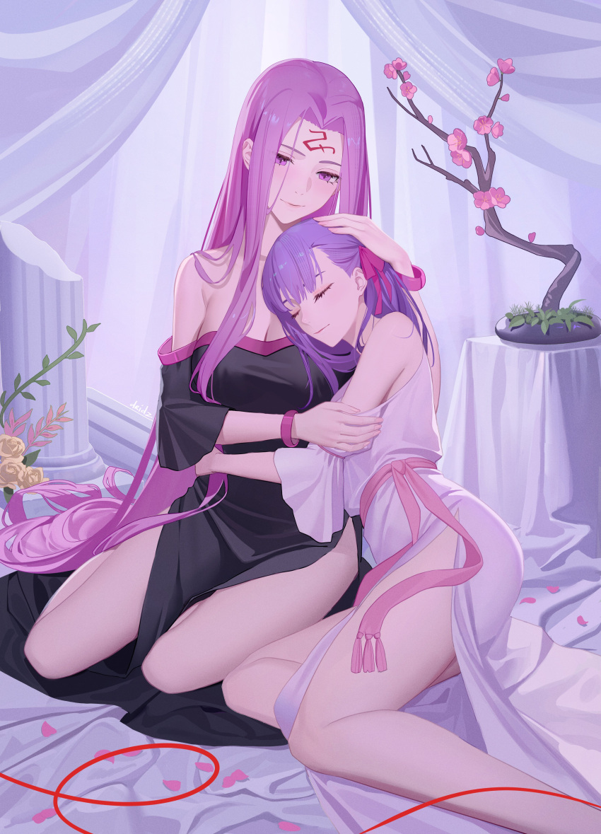 2girls absurdres black_dress closed_eyes column dress drid facial_mark fate/stay_night fate_(series) feet_out_of_frame forehead forehead_mark highres long_hair matou_sakura medusa_(fate) medusa_(rider)_(fate) multiple_girls pillar purple_eyes purple_hair red_ribbon ribbon square_pupils very_long_hair white_dress