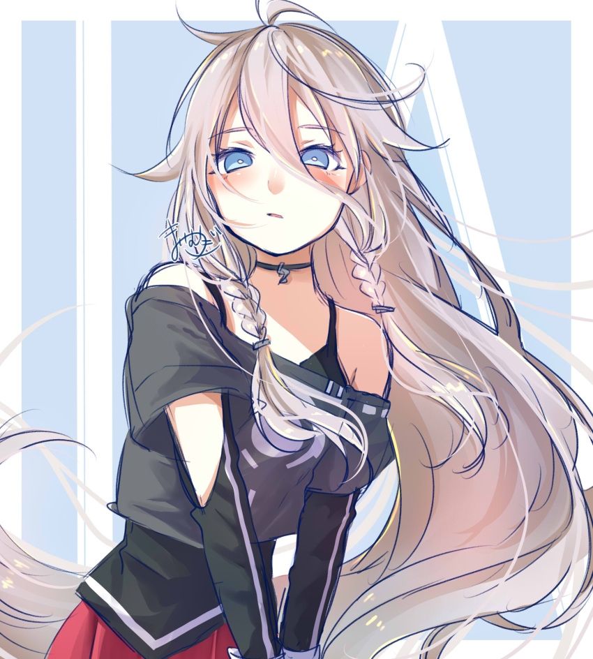 1girl arm_cutout black_camisole black_choker black_shirt blue_background blue_eyes blush border braid bright_pupils camisole character_name choker commentary_request crop_top floating_hair grey_hair hair_between_eyes hair_over_shoulder half-closed_eyes highres ia_(vocaloid) layered_shirt layered_sleeves long_bangs long_hair long_sleeves looking_at_viewer mai_mugi messy_hair off-shoulder_shirt off_shoulder outside_border parted_lips pleated_skirt red_skirt shirt short_over_long_sleeves short_sleeves signature skirt solo text_background twin_braids two-tone_background upper_body v_arms very_long_hair vocaloid watermark white_background white_border white_pupils