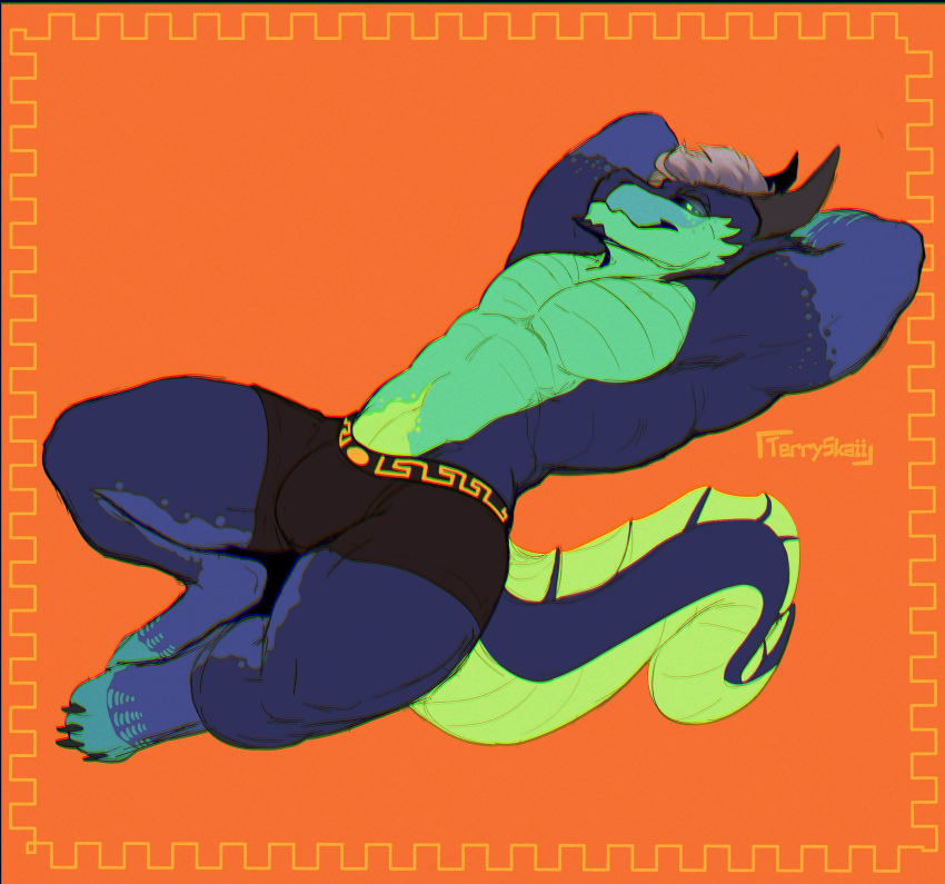 absurd_res animal_humanoid anthro boxers_(clothing) bulge clothing colored_sketch dragon dragon_humanoid hi_res horn humanoid male raised_arm relaxing simple_background sketch solo tail terryskaii_(artist) underwear