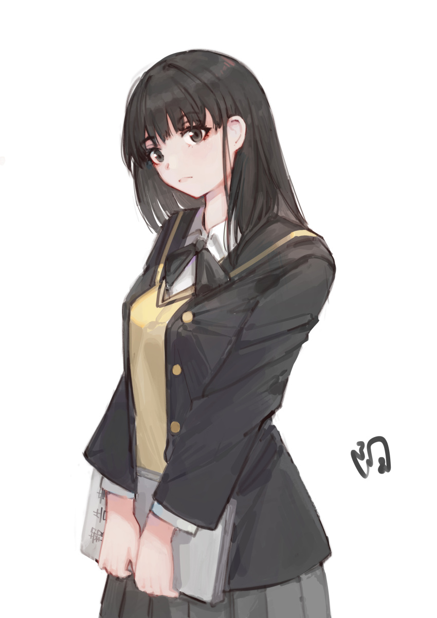 1girl absurdres amagami ayatsuji_tsukasa bilibala23 black_bow black_bowtie black_eyes black_hair black_jacket black_sailor_collar blazer book bow bowtie closed_mouth collared_shirt grey_skirt highres holding holding_book jacket kibito_high_school_uniform long_hair long_sleeves looking_at_viewer pleated_skirt sailor_collar school_uniform shirt signature simple_background skirt solo standing straight_hair sweater_vest white_background white_shirt yellow_sweater_vest