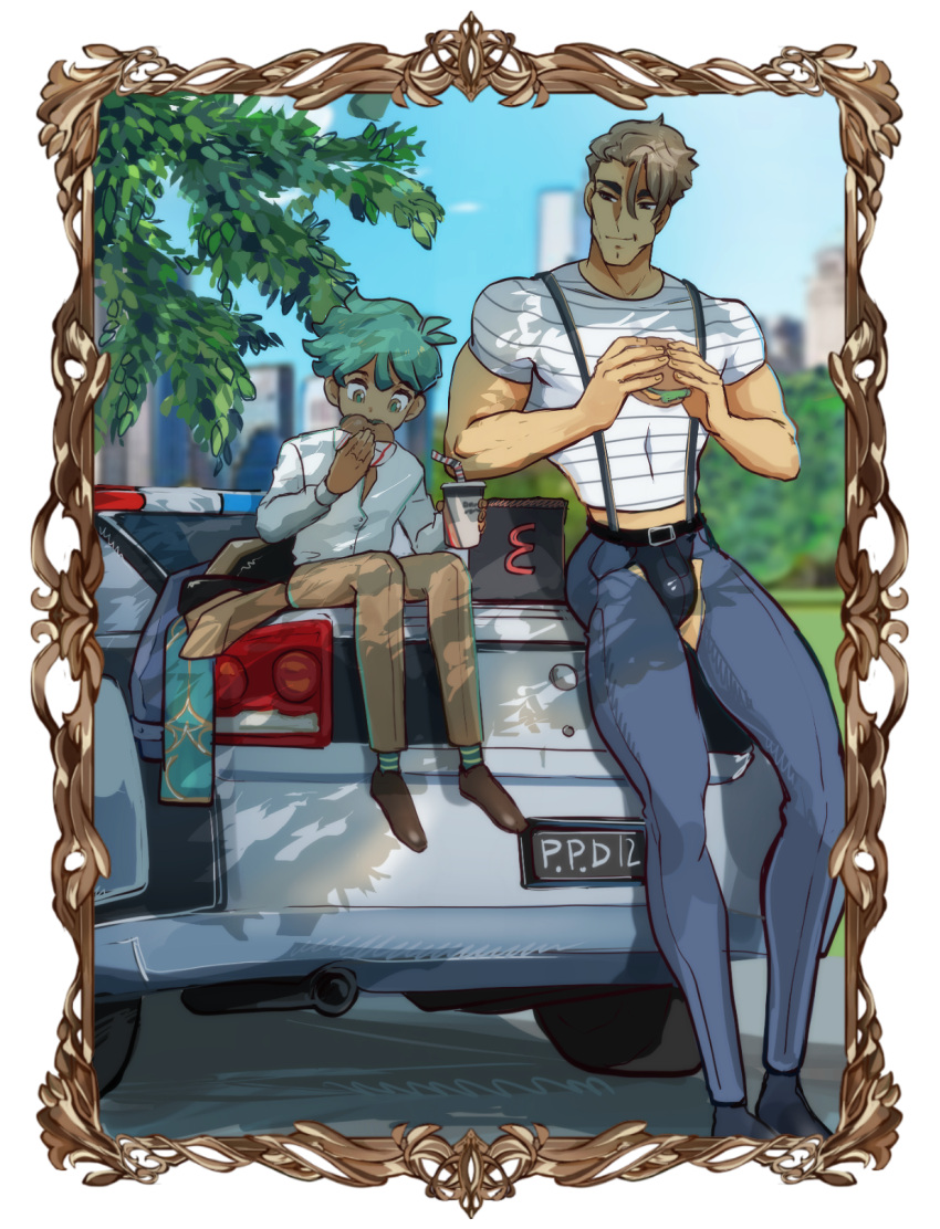 2boys archie_pendragon bara blonde_hair blue_pants blue_sky blurry blurry_background brown_pants burger car city collared_shirt cup drinking_straw eating fairytale_police_hoe_department food full_body green_hair highres idoraad long_sleeves looking_at_another male_focus motor_vehicle multiple_boys muscular muscular_male pants police_car satou_kotarou_(fairytale_police_hoe_department) shirt short_hair short_sleeves sitting sky striped striped_shirt transparent_background tree tree_shade white_shirt