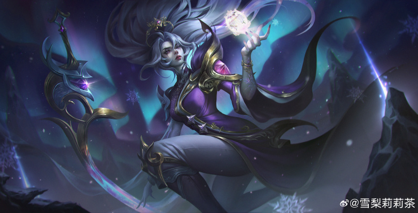 1girl absurdres alternate_color artist_name aurora boots crown diana_(league_of_legends) dress expressionless eyeshadow floating_hair forehead highres holding holding_weapon league_of_legends long_hair makeup mountain night night_sky official_alternate_costume official_alternate_hairstyle outdoors pants parted_bangs parted_lips purple_dress sidelocks sky snow snowflakes solo standing star_(sky) sydney_lily thigh_boots weapon white_hair white_pants wide_sleeves winterblessed_diana