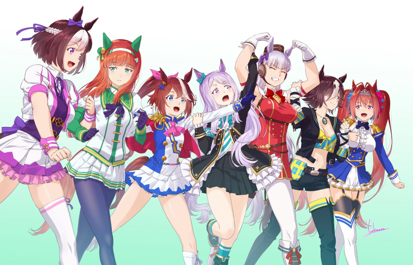 6+girls absurdres animal_ears ascot belt black_coat black_footwear black_jacket black_shorts black_skirt blue_eyes blue_gloves blue_jacket blue_pantyhose boots bow bowtie breasts brown_hair brown_headwear cape center_frills cleavage clenched_hands closed_eyes closed_mouth coat cropped_jacket daiwa_scarlet_(umamusume) dress ear_bow ear_covers epaulettes feet_out_of_frame flexing framed_breasts frills gloves gold_ship_(umamusume) gradient_background green_eyes green_socks grey_hair grin hair_intakes hair_over_one_eye hairband hat highres horse_ears horse_girl horse_tail jacket locked_arms long_hair long_sleeves looking_at_another medium_breasts mejiro_mcqueen_(umamusume) midriff miniskirt multicolored_hair multiple_girls navel open_mouth orange_hair pantyhose pink_ascot pointing purple_eyes purple_hair purple_vest red_cape red_eyes shirt short_hair short_sleeves shorts signature silence_suzuka_(umamusume) single_epaulette skirt sleeveless sleeveless_dress small_breasts smile socks special_week_(umamusume) streaked_hair tail thigh_boots thighhighs tiara tokai_teio_(umamusume) twintails two-tone_hair umamusume vest vodka_(umamusume) walking white_footwear white_gloves white_jacket white_shirt white_skirt white_thighhighs wrist_cuffs yoshinaga_masahiro