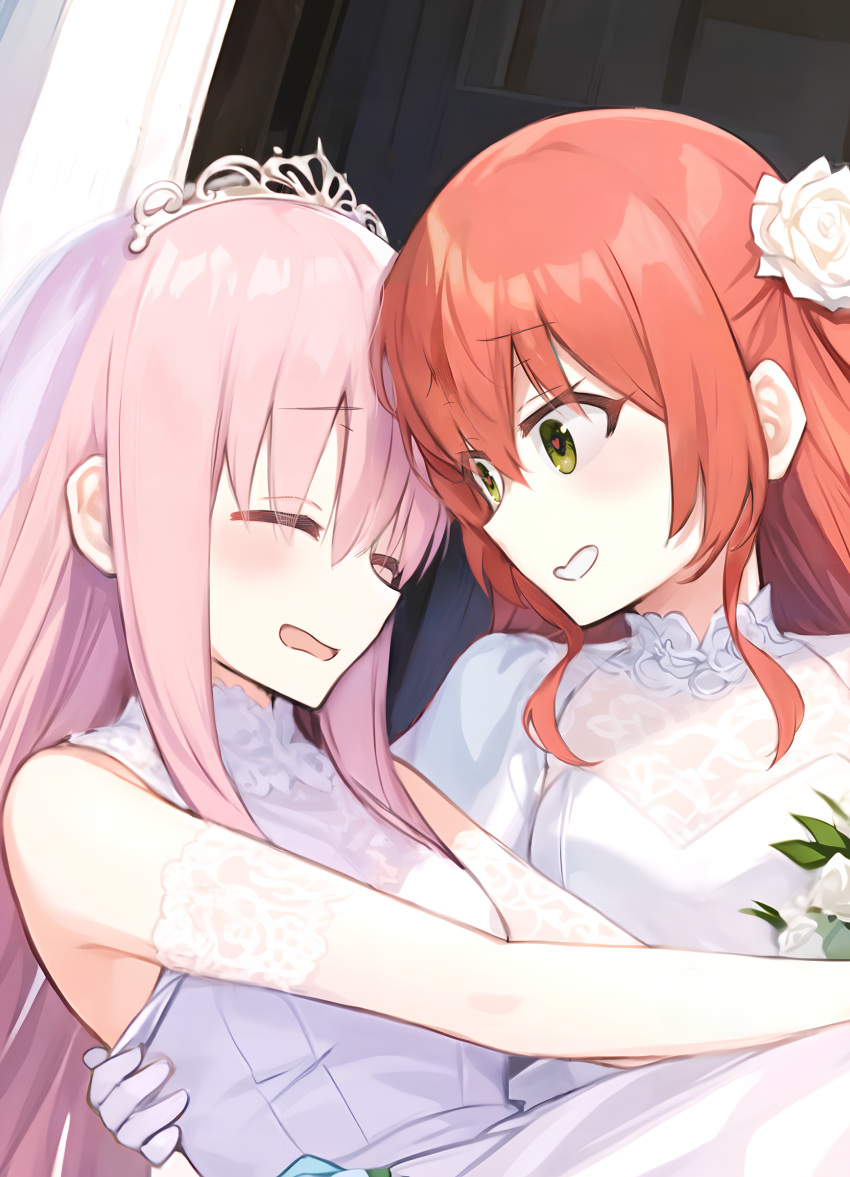 2girls ai-assisted blush bocchi_the_rock! bridal_veil carrying commentary_request dress flower gotou_hitori green_eyes hair_flower hair_ornament heart heart-shaped_pupils highres kadohusa_ginpo kita_ikuyo long_hair multiple_girls parted_lips pink_hair princess_carry red_hair symbol-shaped_pupils tiara veil wedding wife_and_wife yuri