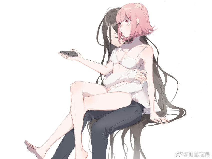 1boy 1girl bare_shoulders barefoot black_pants bra breasts brown_eyes brown_hair cleavage closed_eyes controller danganronpa_(series) danganronpa_2:_goodbye_despair feet_out_of_frame holding holding_remote_control hug kamukura_izuru light_brown_hair long_hair long_sleeves medium_breasts nanami_chiaki no_hair_ornament pa_zi_dinglu pants remote_control shirt short_hair sleeves_past_wrists translation_request underwear white_bra white_shirt