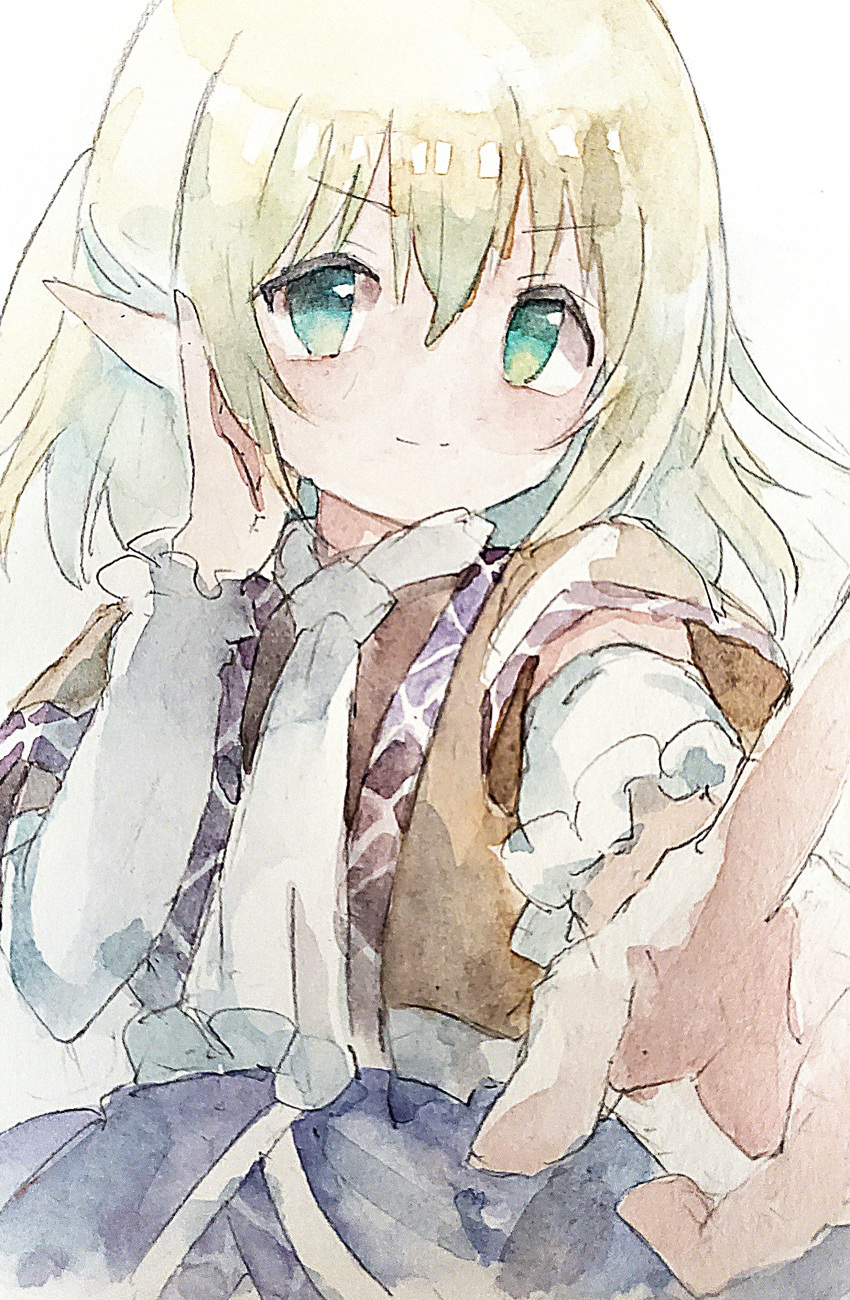 1girl absurdres arm_warmers blonde_hair brown_shirt closed_mouth commentary cowboy_shot flat_chest green_eyes hair_between_eyes highres kamu_kotan looking_at_viewer medium_bangs medium_hair mizuhashi_parsee painting_(medium) parsee_day pointy_ears scarf shirt short_sleeves simple_background smile solo touhou traditional_media watercolor_(medium) white_background white_scarf