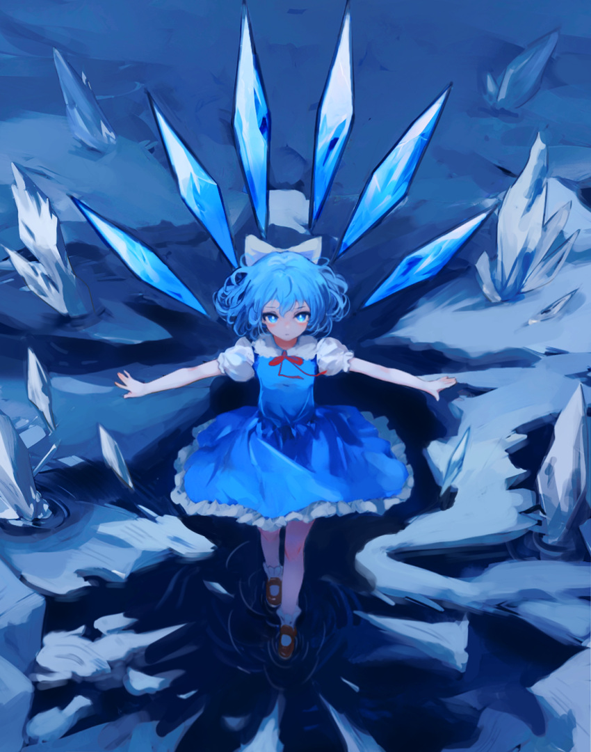 1girl blue_dress blue_eyes blue_hair bow brown_footwear cirno commentary_request dress full_body hair_bow highres ice ice_wings looking_at_viewer outstretched_arms shoes short_hair short_sleeves socks solo touhou wangyq white_bow white_socks wings