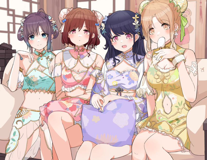 4girls arm_cuffs asakura_toru black_hair blonde_hair blue_eyes blue_hair blue_nails blush bob_cut bracelet breasts brown_hair cleavage cleavage_cutout clothing_cutout commentary_request couch double_bun dress earrings eating expressionless fang floral_print flower food fukumaru_koito gradient_hair hair_bun hair_flower hair_ornament highres higuchi_madoka ichikawa_hinana idolmaster idolmaster_shiny_colors indoors jewelry large_breasts long_hair looking_at_viewer midriff mole mole_under_eye multicolored_hair multiple_girls navel_cutout noctchill_(idolmaster) on_couch open_mouth pillow popsicle raichita red_eyes short_hair sitting small_breasts smile yellow_eyes