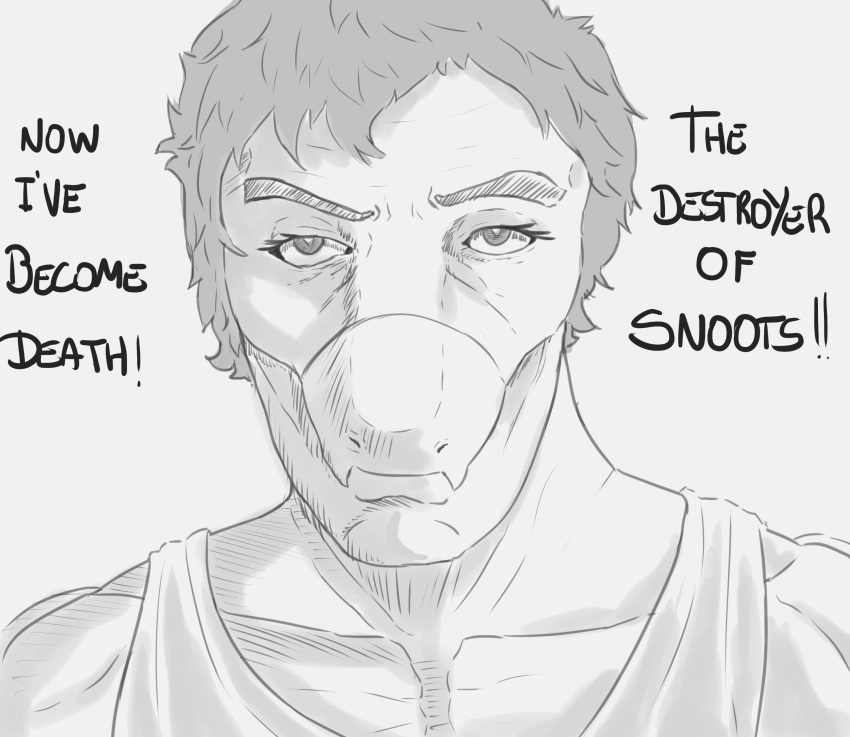 2023 absurd_res anthro badfidhell black_and_white clothing dialogue dinosaur dromaeosaurid english_text front_view goodbye_volcano_high hair hi_res male meme monochrome oppenheimer reed_(gvh) reptile scalie shirt short_hair snoot_game_(fan_game) snout solo tank_top text theropod topwear velociraptor