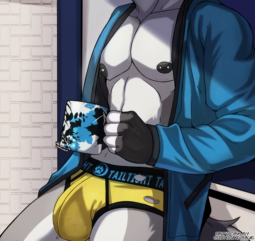 abs absurd_res anthro beverage bulge canid canine clothing coffee coffee_cup container cup hi_res male mammal midnight_blue muscular muscular_anthro muscular_male nipple_piercing nipples nude nude_anthro piercing robe simple_background solo underwear