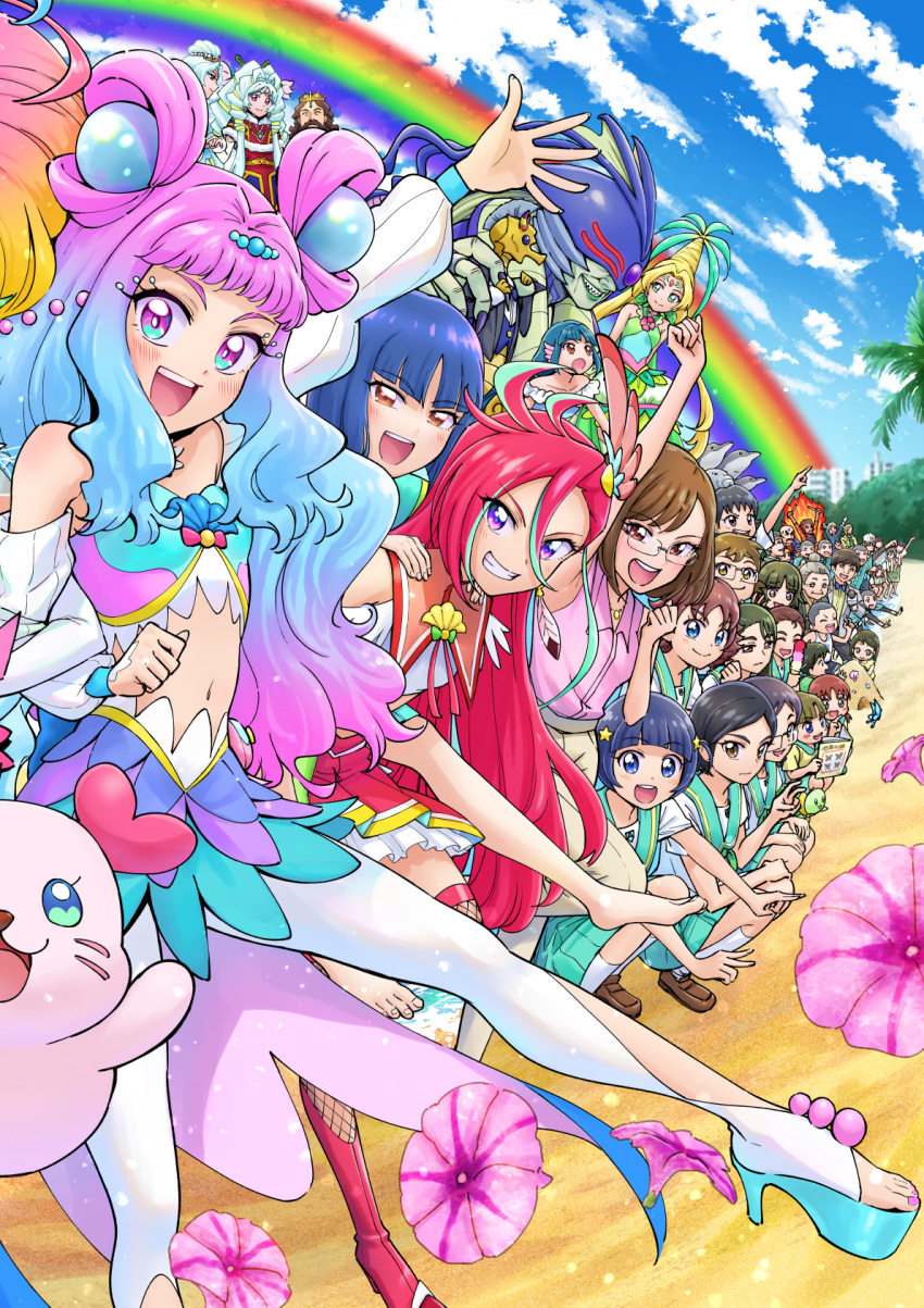:d arm_up blue_eyes blue_hair blue_sky bob_cut brown_eyes butler_(precure) cloud cloudy_sky commentary cure_flamingo cure_la_mer cure_oasis cure_summer day detached_sleeves earrings feather_earrings feathers glasses green_hair grin hair_between_eyes hair_intakes highres itou_shin'ichi jewelry kururun_(precure) laura_la_mer leaning_forward locked_arms long_hair magical_girl midriff miniskirt multicolored_eyes multicolored_hair natsuumi_manatsu navel outdoors pantyhose pearl_hair_ornament pink_eyes pink_hair precure purple_eyes rainbow red_sailor_collar red_skirt sailor_collar sakuragawa_saki sharon_(precure) shiratori_yuriko skirt sky smile standing standing_on_one_leg streaked_hair takizawa_asuka textless_version the_witch_of_delays tropical-rouge!_precure very_long_hair white_pantyhose