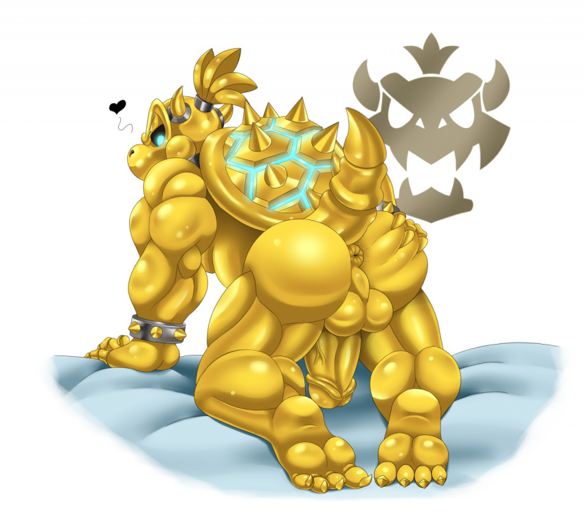 &lt;3 4_toes anthro anus balls blue_eyes bone bowser bracelet butt butt_grab claws dry_bowser erection feet genitals gold_skin hair hand_on_butt horn humanoid_genitalia humanoid_penis jewelry koopa looking_at_viewer looking_back male mario_bros mario_kart_tour muscular muscular_anthro muscular_male nintendo non-mammal_balls penis scalie shell simple_background skull skull_head solo spiked_bracelet spikes tail toes undead woofmadness