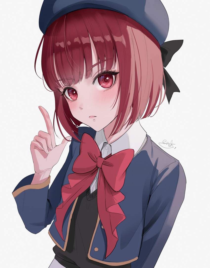 1girl absurdres aendi_en_d_endei arima_kana artist_name beret black_bow black_sweater_vest blue_headwear blue_jacket blunt_bangs bow bowtie breasts closed_mouth commentary cropped_jacket hand_up hat hat_bow highres index_finger_raised jacket light_frown long_sleeves looking_at_viewer oshi_no_ko red_bow red_bowtie red_eyes red_hair school_uniform shirt short_hair signature simple_background small_breasts solo sweater_vest upper_body white_background white_shirt
