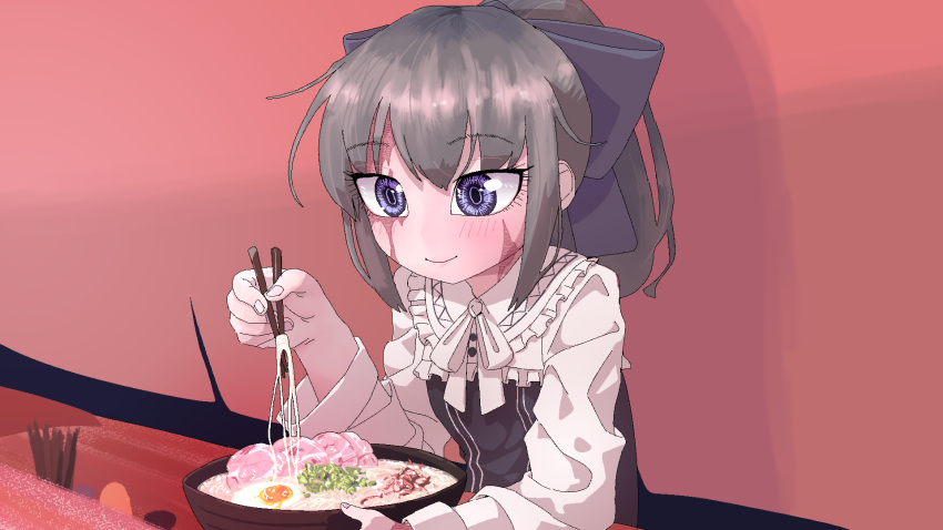 1girl black_dress blush bow chopsticks closed_mouth collared_dress commentary_request counter dorei_to_no_seikatsu_~teaching_feeling~ dress food food_stand fried_egg frilled_dress frills grey_hair hair_bow hand_up highres holding holding_chopsticks long_hair long_sleeves neck_ribbon noodles ponytail purple_bow purple_eyes ramen ribbon scar scar_on_face sisofu sitting smile solo sylvie_(dorei_to_no_seikatsu) two-tone_dress upper_body white_ribbon white_sleeves yatai