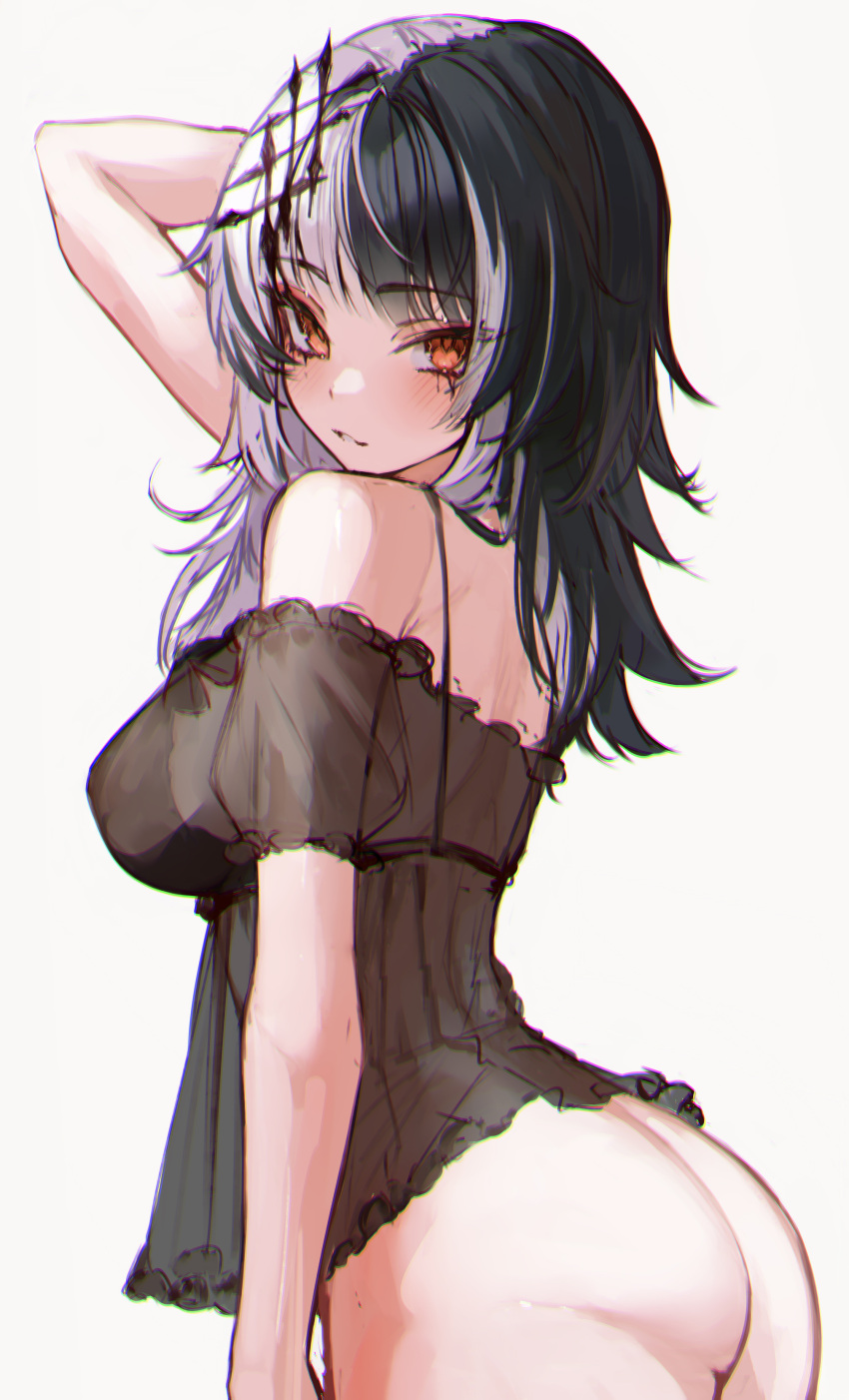 1girl absurdres ass black_bra black_hair blush bra breasts grey_hair hair_ornament highres hololive hololive_english large_breasts long_hair looking_at_viewer looking_back multicolored_hair naokomama nightgown open_mouth see-through shiori_novella simple_background solo split-color_hair two-tone_hair underwear virtual_youtuber white_background yellow_eyes