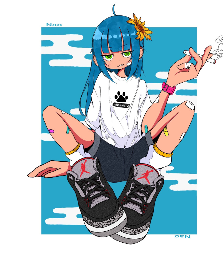 1girl ahoge air_jordan air_jordan_3 artist_name bandaid bandaid_on_arm bandaid_on_cheek bandaid_on_face bandaid_on_knee bandaid_on_leg black_footwear blue_background blue_hair blunt_bangs border cigarette clothes_writing cloud egasumi flower full_body green_eyes grey_footwear grey_shorts hair_flower hair_ornament hand_up highres holding holding_cigarette jitome knees_up long_hair looking_at_viewer nao97122 nike original outside_border paw_print shirt shoes short_sleeves shorts sitting smoking sneakers socks solo sunflower watch white_border white_shirt white_socks wristwatch yellow_flower