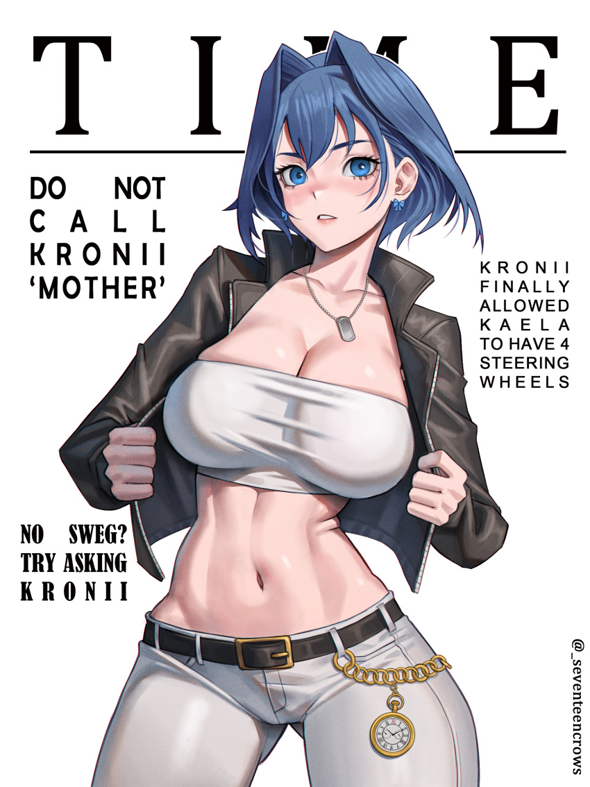 1girl absurdres bandeau belt black_belt black_jacket blue_eyes blue_hair bow bow_earrings breasts chain cleavage cover cowboy_shot crop_top cropped_jacket dog_tags earrings english_text fake_magazine_cover hair_intakes highres hololive hololive_english jacket jewelry large_breasts magazine_cover midriff navel ouro_kronii pants parted_lips pendant pocket_watch seventeencrows short_hair solo stomach virtual_youtuber watch white_bandeau white_pants