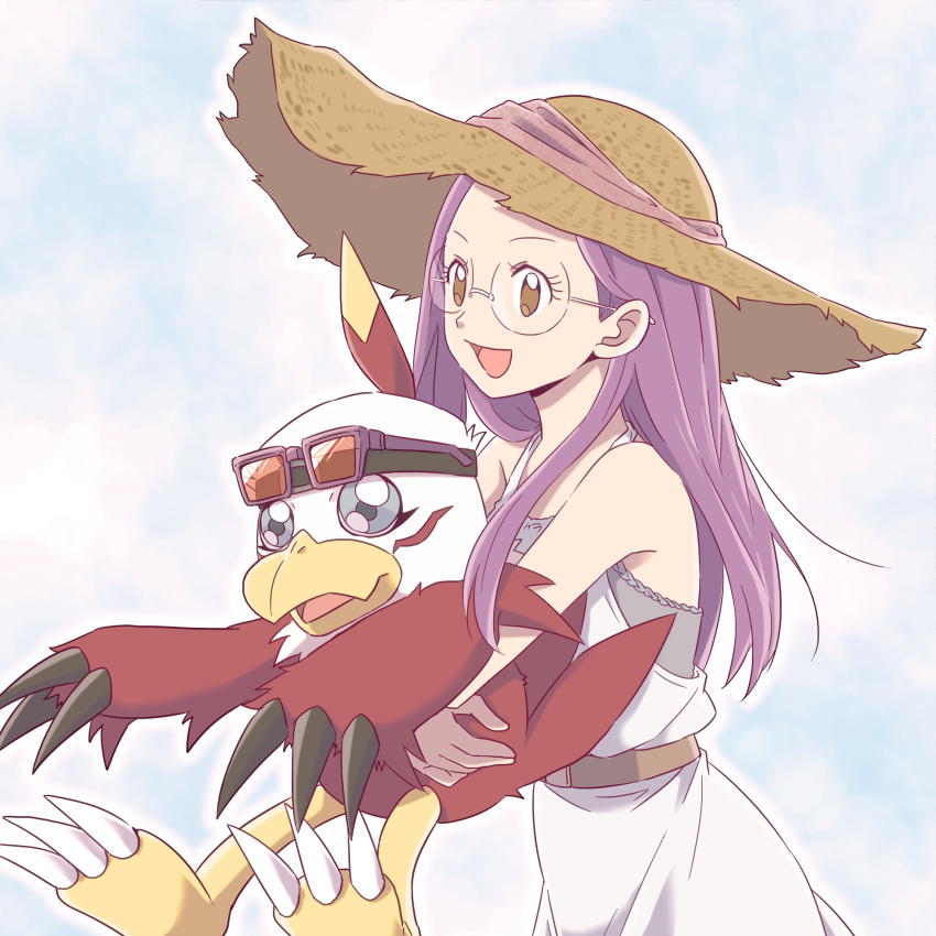 1girl 1other :d animal belt brown_eyes digimon digimon_(creature) digimon_adventure_02 dress gdn0522 glasses hat hawkmon highres holding holding_animal hug inoue_miyako long_hair purple_hair smile straw_hat sun_hat sunglasses