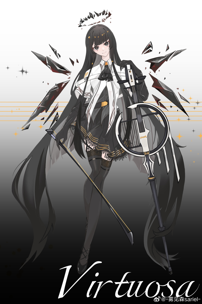 1girl absurdly_long_hair absurdres arknights arm_rest artist_name ascot belt belt_buckle belt_pouch black_ascot black_background black_belt black_eyes black_footwear black_garter_straps black_gloves black_hair black_halo black_pouch black_skirt black_thighhighs black_wings blunt_bangs bow_(music) breasts bright_pupils broken_halo buckle buttons cello character_name chinese_commentary chinese_text closed_mouth collared_jacket colored_inner_hair commentary_request crossed_legs dark_halo detached_wings dress_shirt energy_wings eyelashes full_body garter_straps gloves gradient_background grey_background grey_hair grey_shirt halo hand_up high_heels highres hime_cut holding holding_bow_(music) holding_instrument holding_violin instrument invisible_floor jacket kirimori_sariel layered_sleeves leaning leaning_on_object light_blush lips long_hair long_sleeves looking_at_viewer medium_breasts miniskirt mole mole_under_eye multicolored_background multicolored_hair pale_skin pleated_skirt pouch shirt short_over_long_sleeves short_sleeved_jacket short_sleeves sidelocks simple_background skirt smile solo staff_(music) standing star_(symbol) strappy_heels thighhighs thighs two-tone_background two-tone_hair very_long_hair violin virtuosa_(arknights) watermark weibo_logo weibo_username white_background white_belt white_jacket white_pupils wide_sleeves wing_collar wings zettai_ryouiki