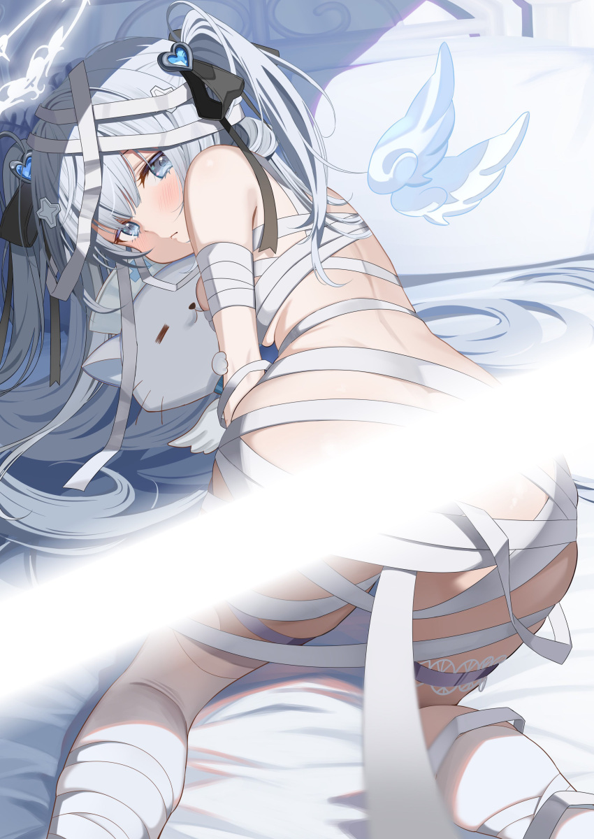 1girl absurdres alternate_costume angel_wings ass bed blue_eyes blush breast_press breasts cat censored closed_mouth commentary_request grey_hair hair_ornament halloween_costume halo highres indie_virtual_youtuber light_censor long_hair looking_at_viewer looking_back medium_breasts mummy_costume piyopoyo solo virtual_youtuber white_theme wings yuha_uyu
