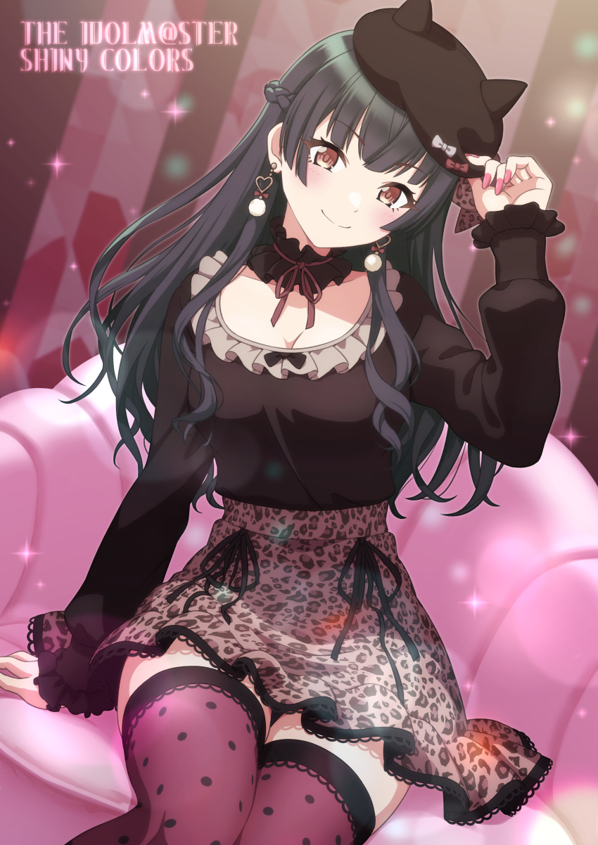 1girl absurdres animal_print beret black_hair black_headwear black_shirt blush breasts brown_skirt choker copyright_name fake_horns feet_out_of_frame fingernails frilled_choker frills girugiru_(tektonics6588) hand_on_headwear hat highres horned_headwear horns idolmaster idolmaster_shiny_colors leopard_print looking_at_viewer mayuzumi_fuyuko medium_breasts nail_polish polka_dot_thighhighs shirt sitting skirt smile solo zettai_ryouiki