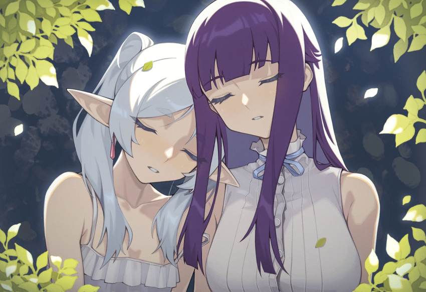 2girls bare_shoulders blue_ribbon blunt_bangs center_frills chinese_commentary collarbone commentary_request dress earrings elf fern_(sousou_no_frieren) forehead frieren frills grey_hair highres jewelry kirikiri leaf leaf_on_head long_hair multiple_girls neck_ribbon parted_bangs pointy_ears purple_hair ribbon sidelocks sleeping sleeping_on_person sleeping_upright sleeveless sleeveless_dress sousou_no_frieren thick_eyebrows twintails upper_body white_dress