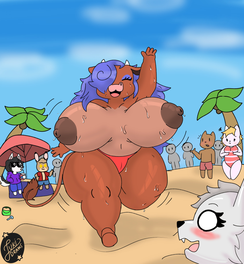 absurd_res anthro areola be beach big_breasts bikini bovid bovine breasts cattle clothing curvy_figure duo female genitals hair hi_res horn huge_breasts huge_thighs juki_(juki_zu) juki_zu male male/female mammal miko_(juki_zu) nipples nude open_mouth public purple_hair pussy seaside smile swimwear thick_thighs wet