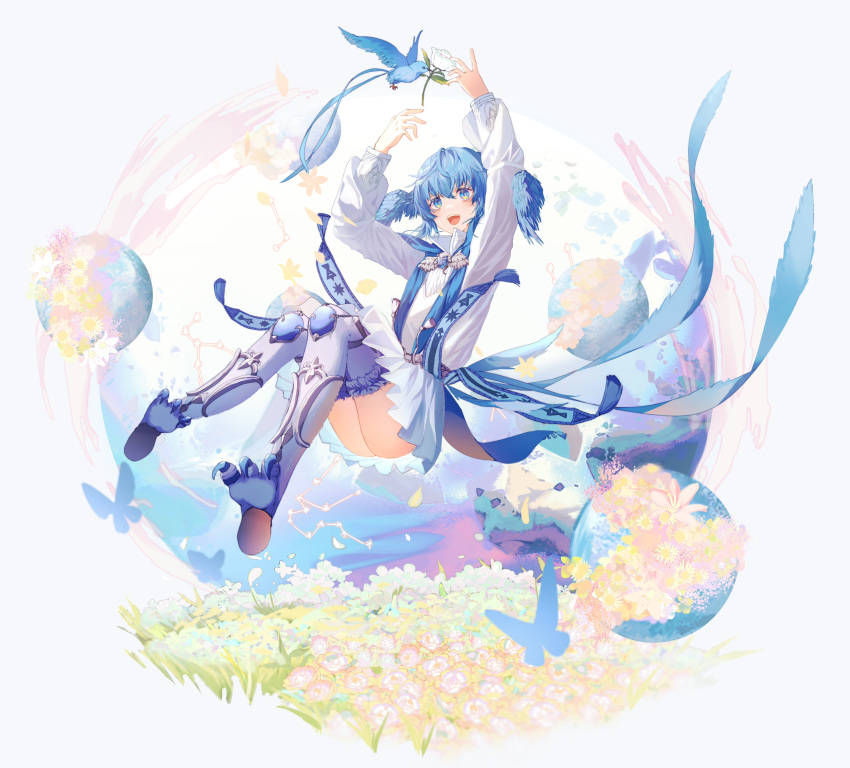 1girl absurdres arms_up belt bird bird_girl bird_legs bird_tail bird_wings blue_bird blue_butterfly blue_capelet blue_eyes blue_gemstone blue_hair brooch bug butterfly capelet chinese_commentary colorful commentary_request constellation day dress feathered_wings field final_fantasy final_fantasy_xiv floating flower flower_field from_side full_body gem grass happy head_wings highres jewelry kakiharahotaru knees_up long_sleeves looking_up meteion midair mixed-language_commentary monster_girl mouth_hold open_mouth outdoors planet reaching sash short_hair simple_background smile solo tail talons tassel white_background white_dress white_flower wings