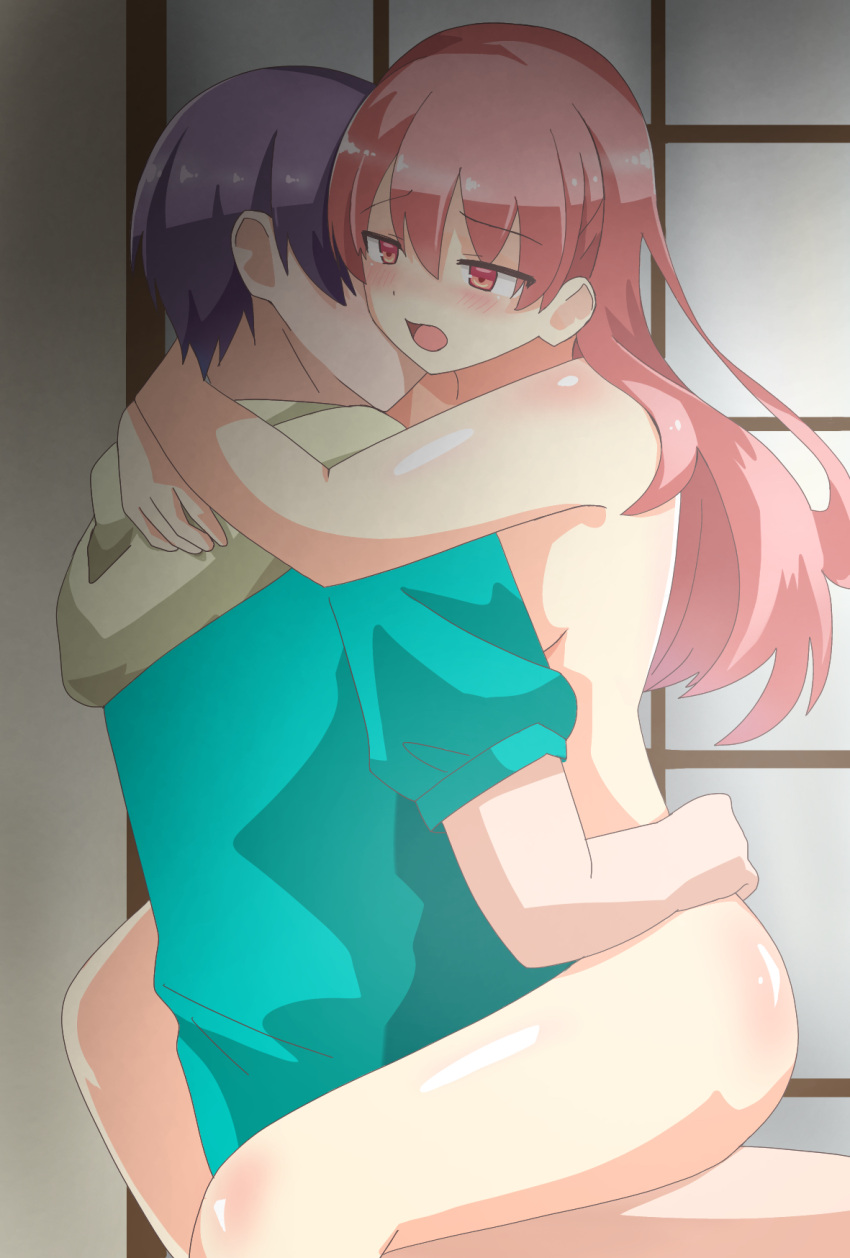 1boy 1girl arms_around_waist blush bottomless clothed_sex commentary completely_nude cowgirl_position girl_on_top happy_sex hetero highres hood hood_down hoodie husband_and_wife long_hair nkaz6667 nude open_mouth pink_hair purple_hair red_eyes sex shaking shiny_skin shirt short_hair straddling textless_version tonikaku_kawaii translation_request vaginal yuzaki_nasa yuzaki_tsukasa