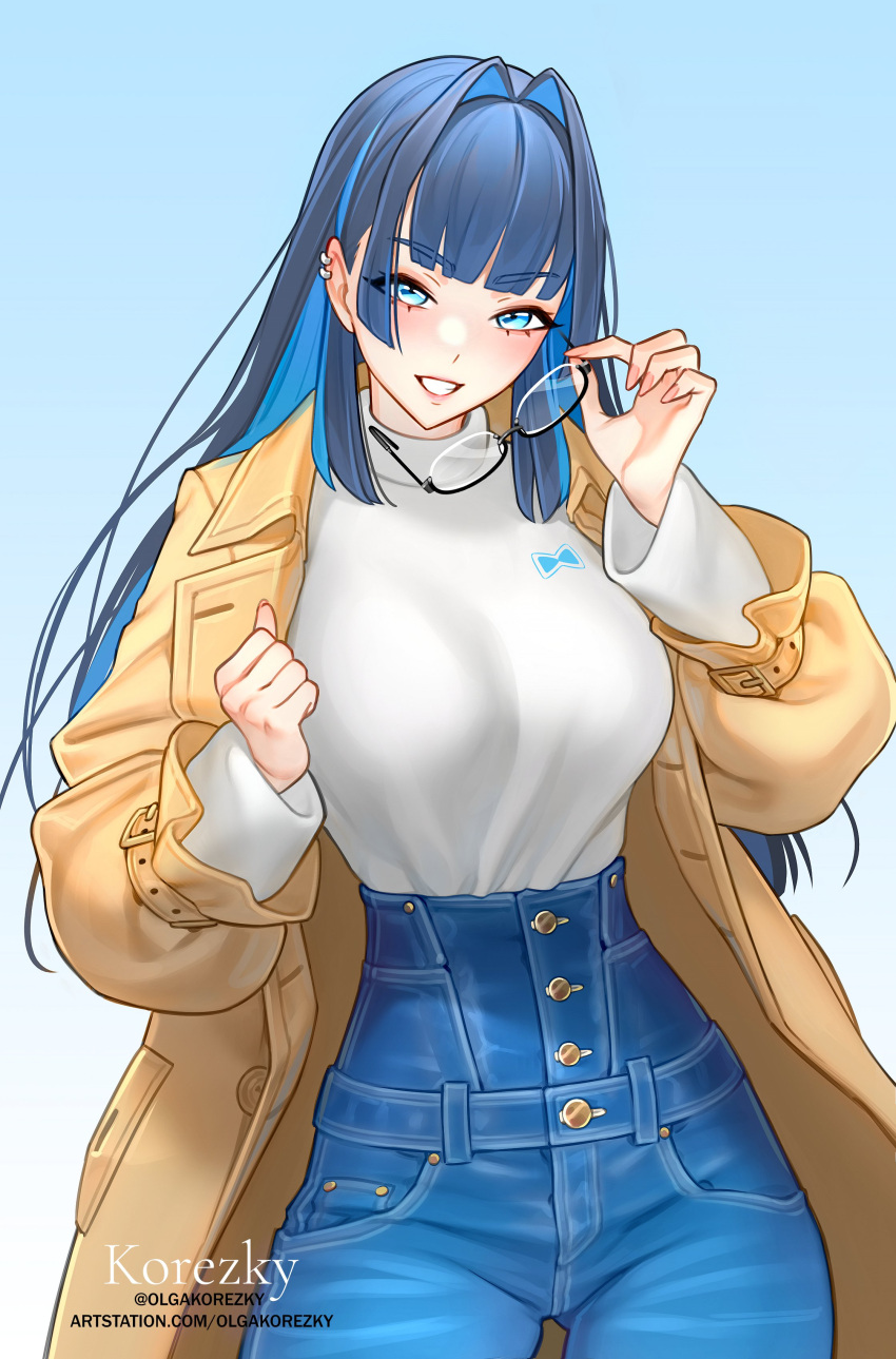 1girl absurdres blue_eyes blue_hair breasts coat denim earrings glasses highres hololive hololive_english jeans jewelry large_breasts multicolored_hair olga_korezky open_clothes open_coat ouro_kronii pants two-tone_hair virtual_youtuber