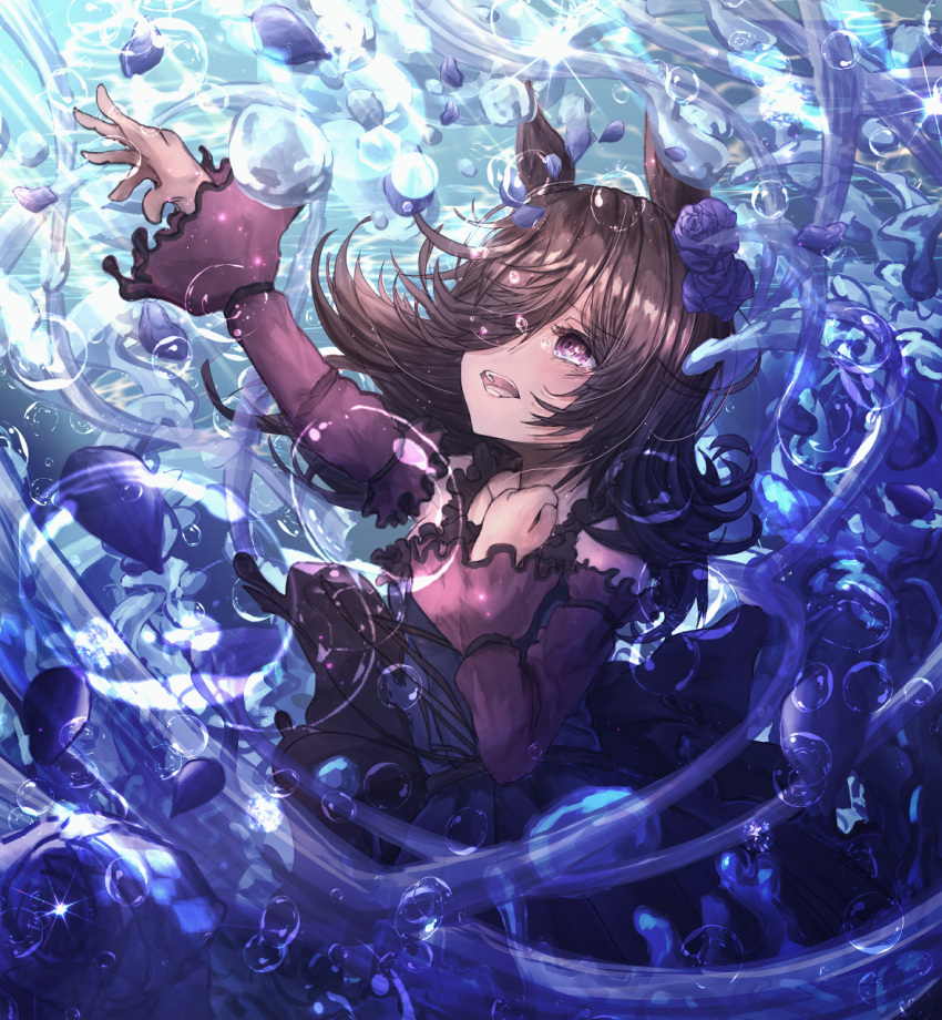 1girl air_bubble black_hair blue_dress blue_flower blue_rose bubble day dress flower frilled_sleeves frills hair_over_one_eye half-closed_eyes highres horse_girl long_hair long_sleeves looking_to_the_side looking_up purple_eyes rice_shower_(umamusume) rose solo sparkle sunlight tears tsetainsu umamusume underwater water