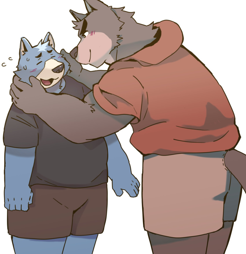 2023 anthro arufina_w black_nose blue_body blush bottomwear brown_body canid canine canis clothing domestic_dog duo hi_res hoodie kemono male male/male mammal overweight overweight_male shirt shorts simple_background topwear