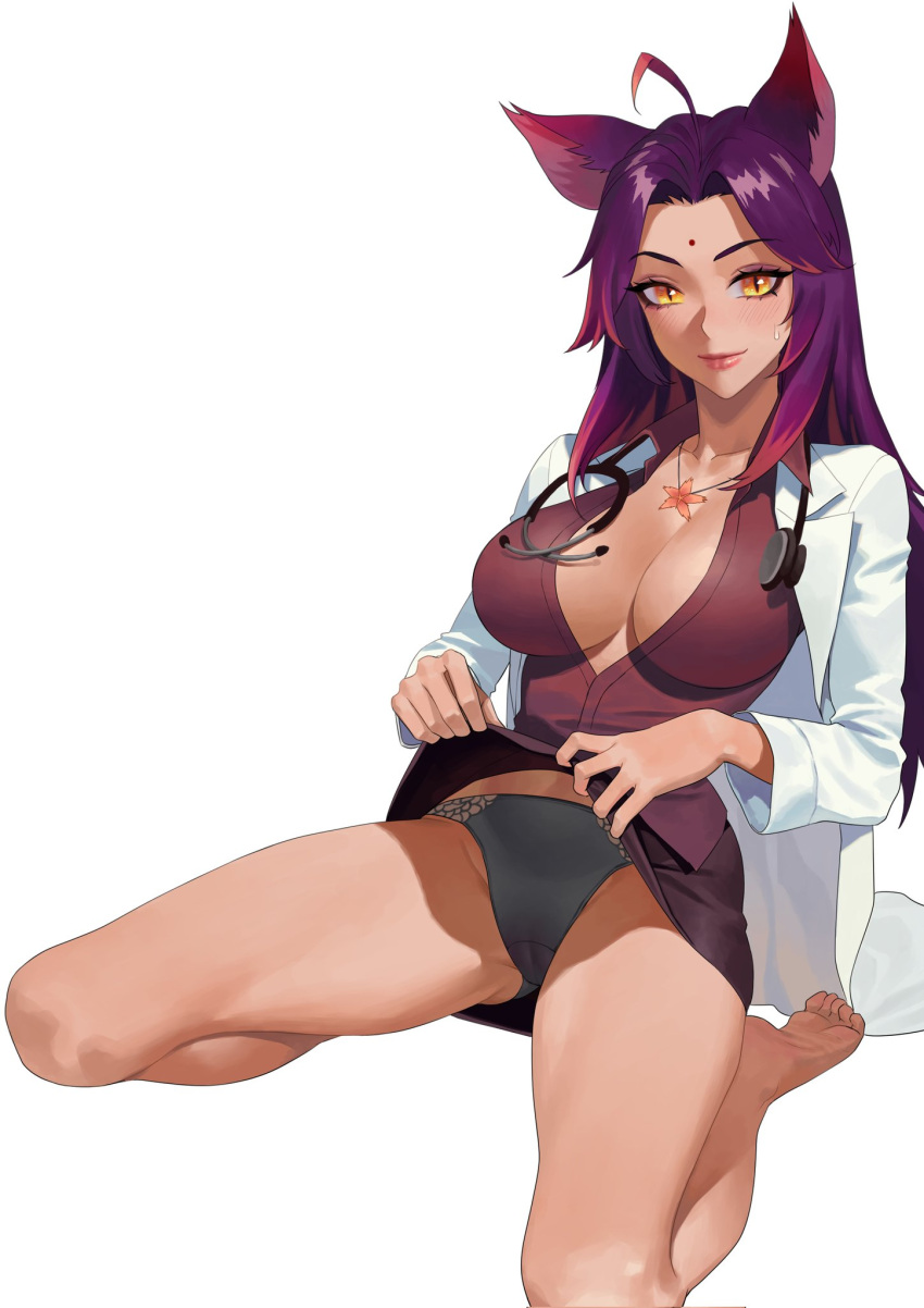 1girl ahoge animal_ears bare_legs barefoot bindi breasts cameltoe cat_ears cleavage clothes_lift commission cropped_legs gradient_hair grey_panties hair_ornament highres hongcasso jewelry lab_coat large_breasts long_hair looking_at_viewer multicolored_hair necklace original panties parted_bangs pink_lips purple_eyeliner purple_hair red_hair shirt_lift sidelocks sitting slit_pupils stethoscope sweatdrop underwear wariza white_background yellow_eyes