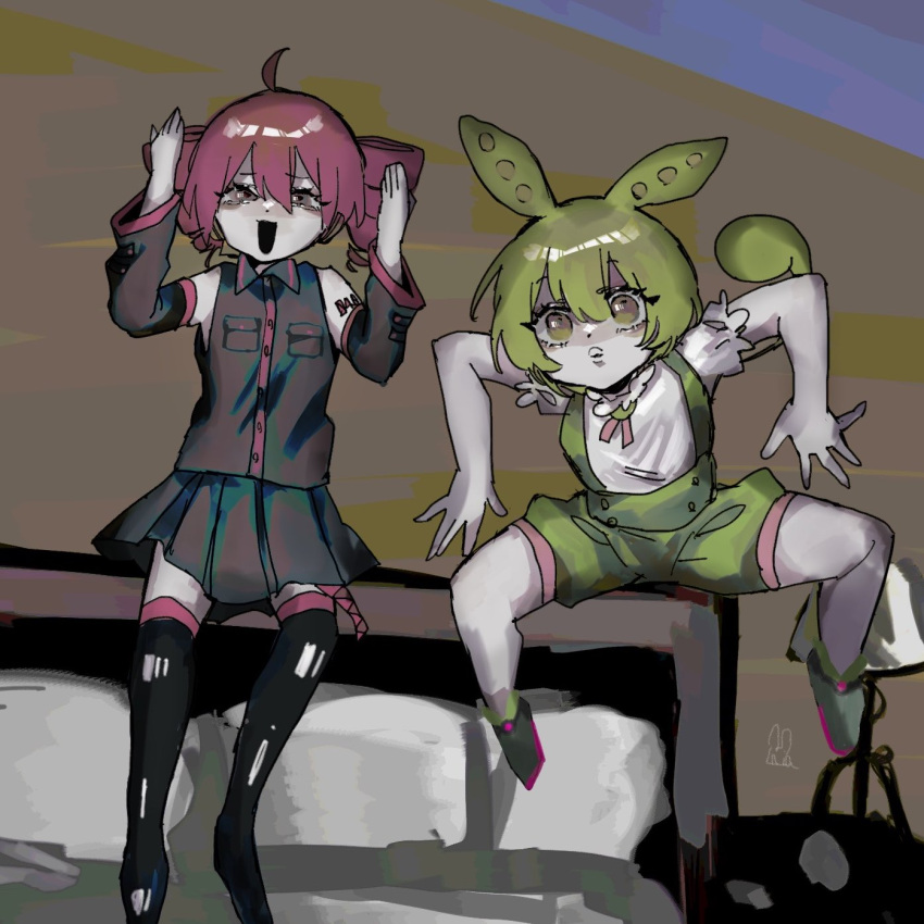 2girls \||/ ahoge arms_up artist_logo bed bedroom black_mouth black_shirt black_skirt boots brooch colored_skin detached_sleeves drill_hair feet_up furrowed_brow green_hair green_shorts grey_eyes grey_skin half-closed_eyes highres indoors jewelry jumping kasane_teto lamp long_hair looking_at_viewer low_ponytail meme midair morning_nemui multiple_girls open_mouth pleated_skirt puckered_lips puffy_shorts red_hair shirt shoes short_sleeves shorts shoulder_tattoo skirt sleeveless sleeveless_shirt smile straight-on suspender_shorts suspenders tattoo thigh_boots twin_drills utau voicevox white_shirt wide-eyed yellow_eyes youkai_gyaru_(meme) zundamon