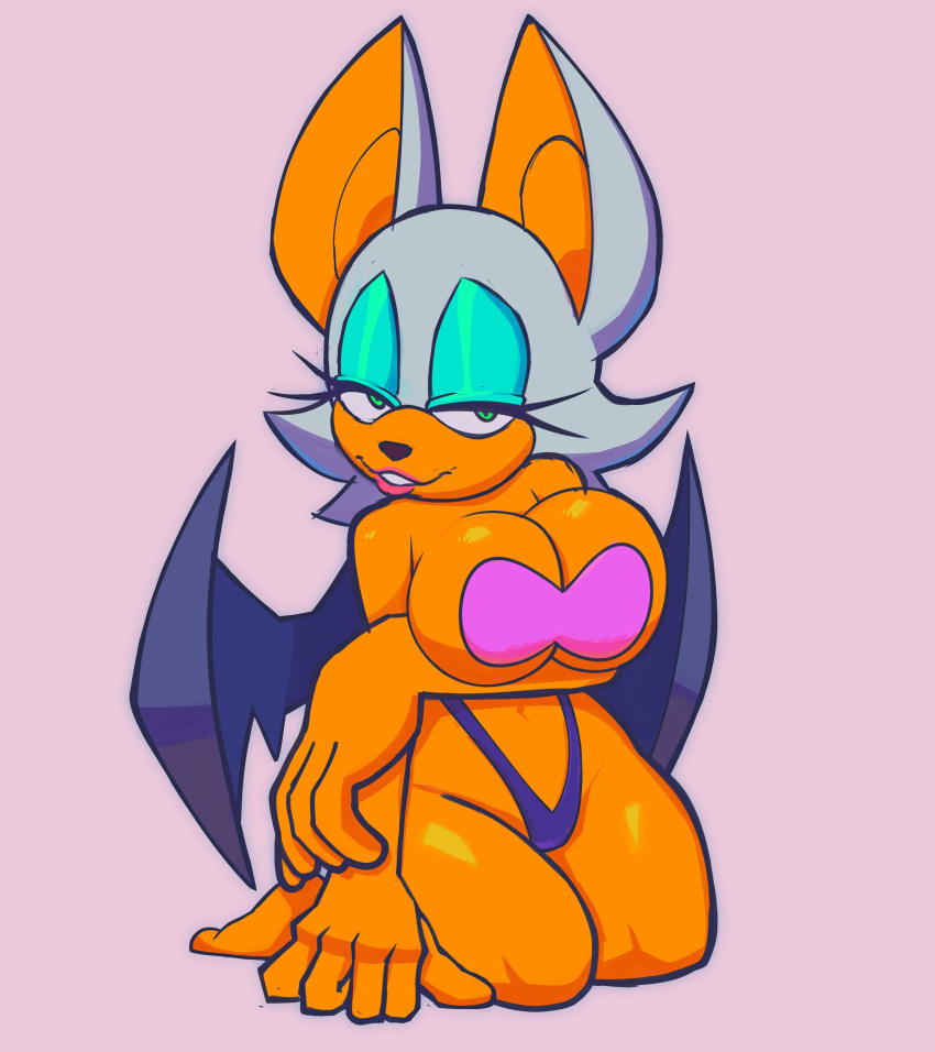 5_fingers absurd_res anthro barefoot bat breasts cleavage clothed clothing eyeshadow feet female fingers fur hi_res lipstick looking_at_viewer makeup mammal monamania narrowed_eyes orange_body orange_skin rouge_the_bat sega simple_background solo sonic_the_hedgehog_(series) white_body white_fur wings