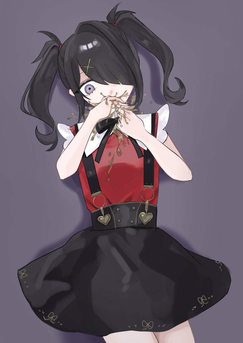 1girl ame-chan_(needy_girl_overdose) black_hair black_ribbon black_skirt collared_shirt covering_mouth cowboy_shot grey_background hair_ornament hair_over_one_eye hair_tie hairclip hand_to_own_mouth hands_up highres long_hair looking_down neck_ribbon needy_girl_overdose red_shirt ribbon sanmanako shirt shirt_tucked_in skirt solo suspender_skirt suspenders twintails vomit vomiting x_hair_ornament