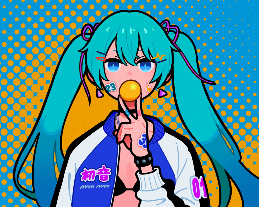 1girl blue_eyes bracelet commentary covering_mouth earrings hair_between_eyes hair_ribbon halftone halftone_background hand_up hatsune_miku highres jacket jewelry looking_at_viewer miku_day miyoshi_yoshimi purple_ribbon ribbon solo sticker twintails upper_body vocaloid