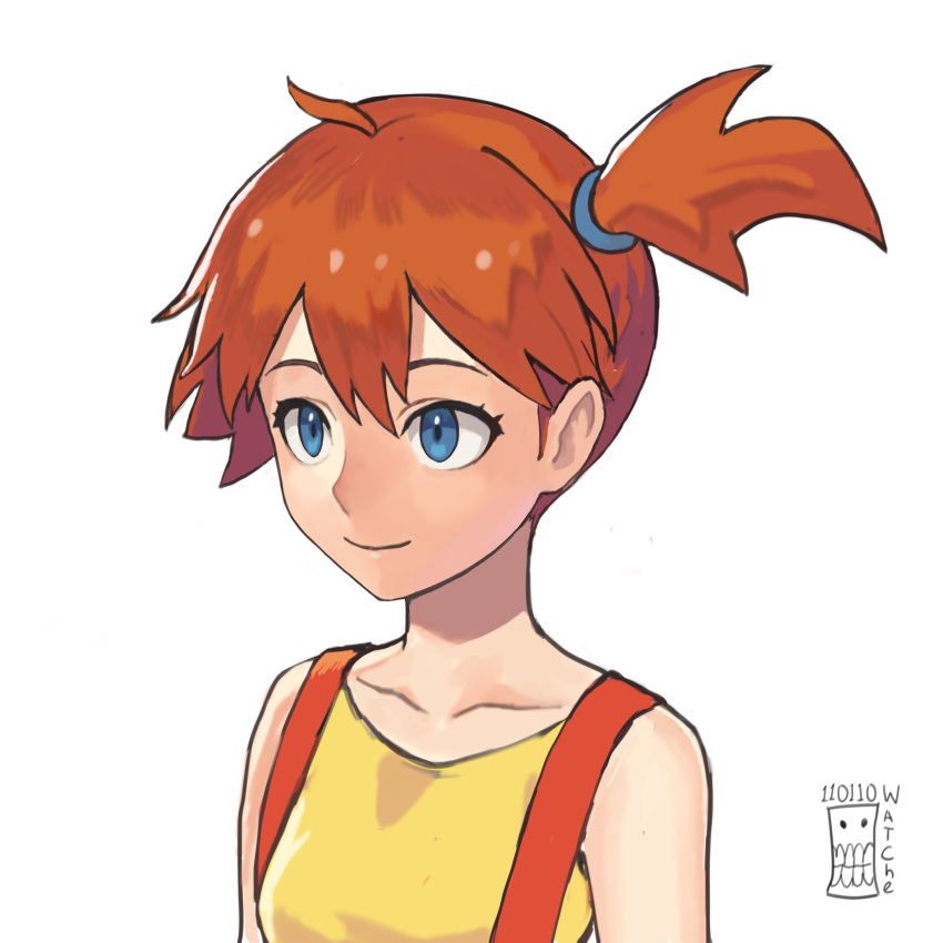 1girl absurdres artist_logo asymmetrical_hair bare_arms blue_eyes blush breasts closed_mouth eyelashes hair_tie highres medium_breasts misty_(pokemon) orange_hair pokemon pokemon_(anime) pokemon_(classic_anime) ponytail shirt short_hair side_ponytail simple_background sleeveless sleeveless_shirt smile solo upper_body watcher_hollow watermark white_background yellow_shirt