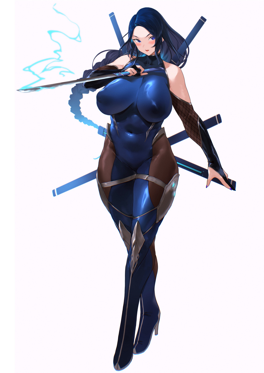 1girl absurdres alternate_costume armored_boots asymmetrical_bangs blue_eyes blue_footwear blue_hair blue_leotard blue_nails blush bodysuit boots braid braided_ponytail breasts bridal_gauntlets brown_bodysuit clothing_cutout commentary covered_navel covered_nipples crossed_legs crossover curvy full_body glowing glowing_armor glowing_sword glowing_weapon high_heel_boots high_heels highres holding holding_sword holding_weapon invincible_dragon_(last_origin) large_breasts last_origin leotard long_hair looking_at_viewer nail_polish ninja parted_bangs parted_lips puffy_nipples reverse_grip rowkiba scabbard sheath shoulder_cutout simple_background skin_tight solo standing sword taimanin_(series) taimanin_suit unsheathed watson_cross weapon white_background