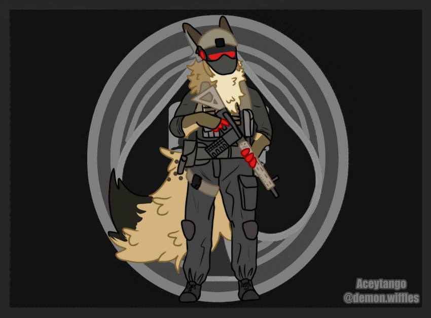 absurd_res aceytango anthro brown_body clothed clothing digital_media_(artwork) fur gun hi_res hyena johmn m4a1 machine male mammal protogen ranged_weapon red_eyes screen screen_face shadow_company solo spots spotted_hyena weapon