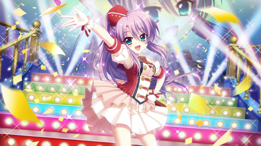 1girl arm_up band_uniform black_stripes blue_eyes breasts colored_lights concert confetti dot_nose dutch_angle film_grain game_cg hand_on_own_hip heart high_ponytail holding holding_microphone idol idol_clothes izumi_tsubasu long_hair medium_breasts microphone necktie non-web_source official_art open_mouth puffy_short_sleeves puffy_sleeves purple_hair railing re:stage! red_headwear red_stripes screen short_sleeves skirt smile solo sparkle stage stage_lights stairs striped_necktie tilted_headwear tsukisaka_sayu white_skirt white_uniform