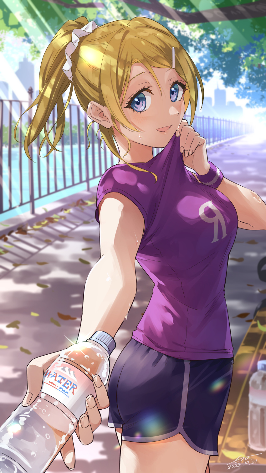 1girl absurdres ass ayase_eli bench blonde_hair blue_eyes bottle breasts cowboy_shot day highres holding holding_bottle incoming_drink large_breasts looking_at_viewer love_live! love_live!_school_idol_project open_mouth outdoors park ponytail scrunchie short_shorts shorts smile solo water_bottle wedo