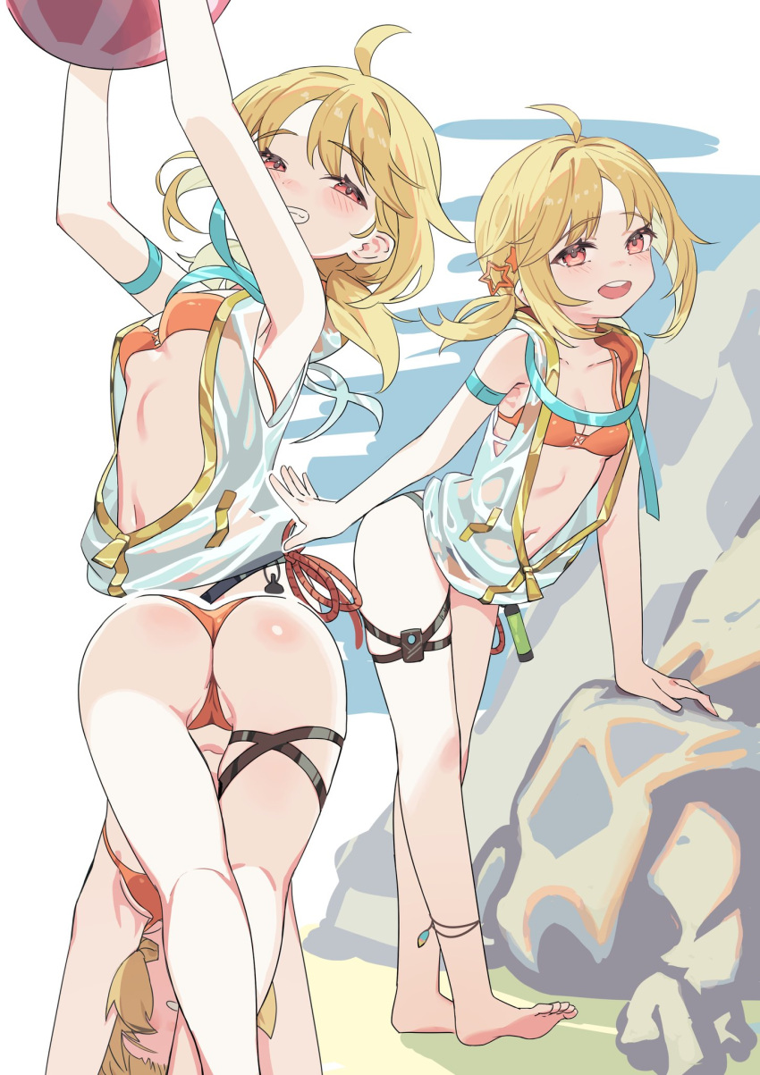 1girl ahoge ass ball barefoot beachball bikini blonde_hair blush breasts commentary girls'_frontline grin hair_ornament highres jacket lemures long_hair looking_at_viewer multiple_views nagant_revolver_(girls'_frontline) navel official_alternate_costume open_mouth orange_bikini red_eyes see-through see-through_jacket sleeveless sleeveless_jacket small_breasts smile star_(symbol) star_hair_ornament swimsuit thigh_strap
