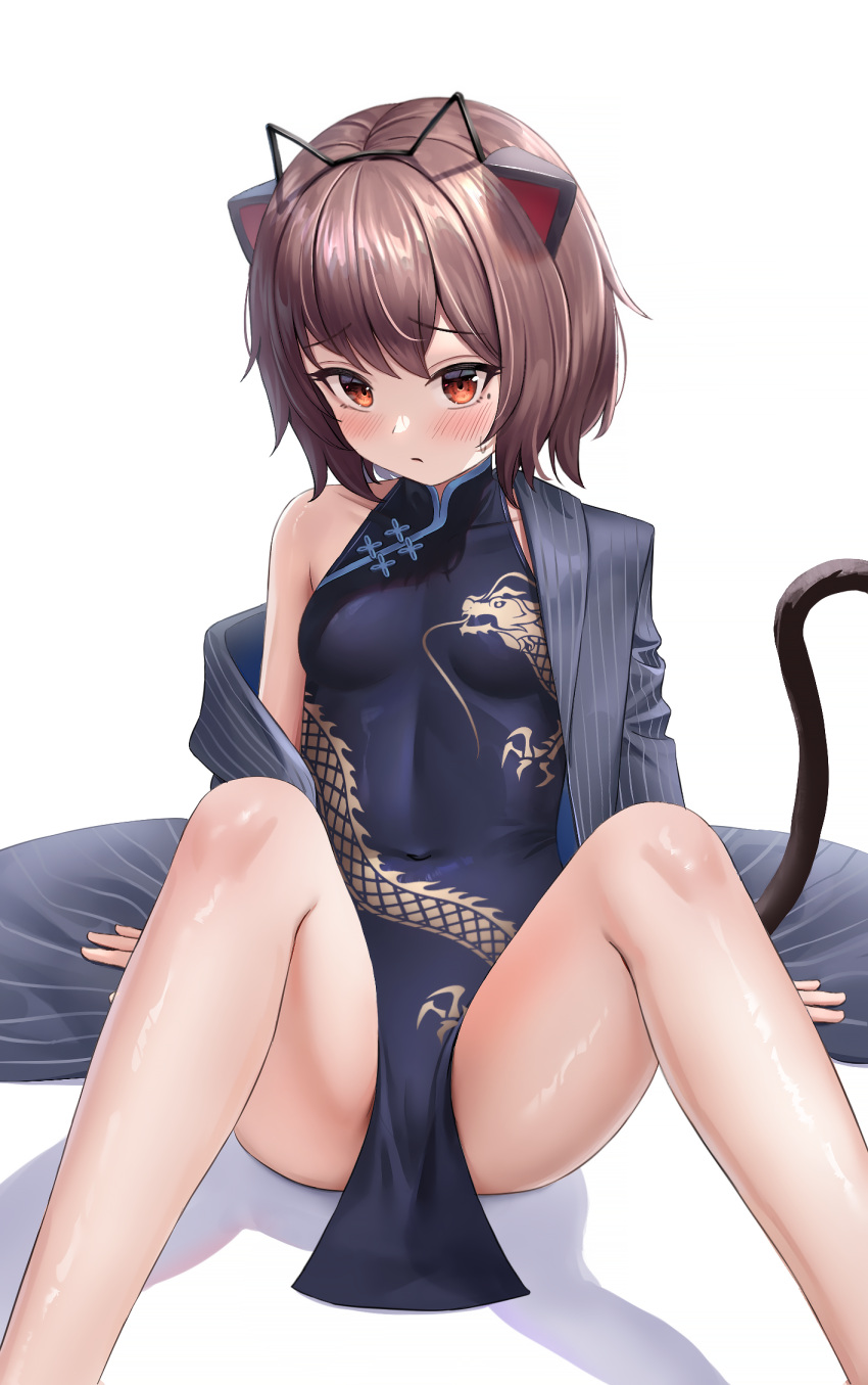 1girl animal_ears bare_legs bare_shoulders black_dress black_jacket blue_archive blush breasts brown_hair cat_ears cat_tail china_dress chinese_clothes closed_mouth commission cosplay covered_navel dragon_print dress feet_out_of_frame hairband highres jacket kisaki_(blue_archive) kisaki_(blue_archive)_(cosplay) knees_up legs looking_at_viewer mole mole_under_eye nay off_shoulder open_clothes open_jacket orange_eyes original pelvic_curtain print_dress prunechi revision short_hair simple_background single_bare_shoulder sitting sleeveless sleeveless_dress small_breasts solo striped striped_jacket sweatdrop tail thighs white_background