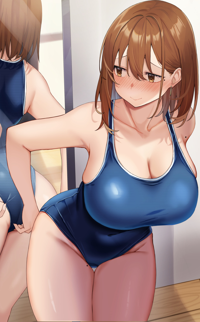 1girl absurdres adjusting_clothes adjusting_swimsuit ass bare_arms bare_shoulders blue_one-piece_swimsuit blush breasts brown_eyes brown_hair cleavage closed_mouth collarbone competition_school_swimsuit earrings groin hair_behind_ear hair_between_eyes highres indoors jewelry large_breasts leaning_forward looking_back medium_hair mirror mirror_image mole mole_on_arm mole_on_thigh mole_under_eye one-piece_swimsuit original school_swimsuit skindentation standing swimsuit thigh_gap thighs udon_(udonalium) wooden_floor