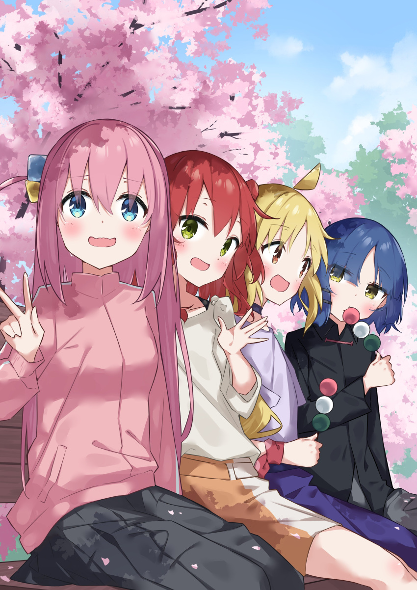 4girls :d absurdres black_shirt black_skirt blonde_hair blue_eyes blue_hair blue_sky blush bocchi_the_rock! brown_eyes brown_skirt cloud collared_shirt commentary_request cube_hair_ornament dango day eating eyes_visible_through_hair flower food gotoh_hitori green_eyes hair_ornament hair_over_one_eye highres holding holding_food ijichi_nijika jacket kita_ikuyo long_hair long_sleeves multiple_girls one_side_up outdoors pants pink_flower pink_hair pink_jacket pleated_skirt puffy_long_sleeves puffy_sleeves purple_pants purple_shirt red_hair sanshoku_dango shirt sitting skirt sky smile suta0822 track_jacket tree v very_long_hair wagashi white_shirt yamada_ryo yellow_eyes