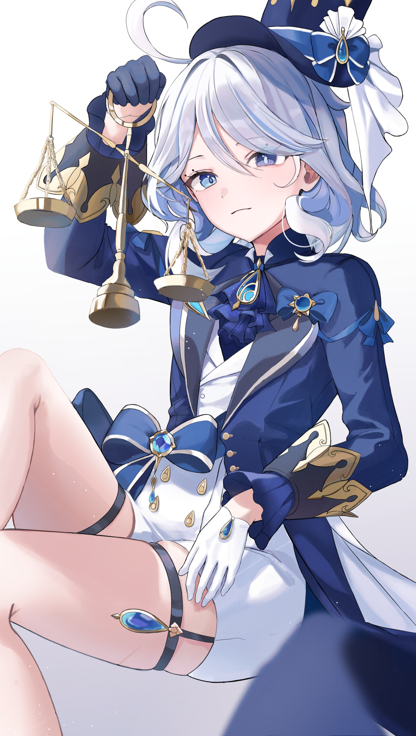 1girl absurdres ahoge ascot black_gloves blue_ascot blue_bow blue_brooch blue_hair blue_headwear blue_jacket bow closed_mouth cowboy_shot furina_(genshin_impact) genshin_impact gloves hair_between_eyes hat heterochromia highres holding jacket light_blue_hair long_hair looking_at_viewer mincokeikeujeongol multicolored_hair shorts sidelocks simple_background sitting smile solo streaked_hair top_hat two-tone_hair white_background white_gloves white_shorts