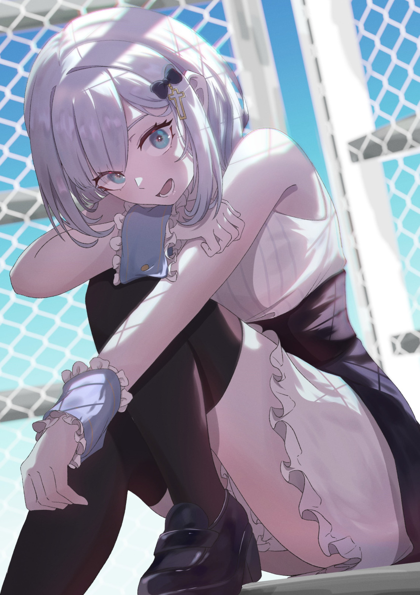 1girl absurdres bare_shoulders black_footwear black_skirt black_thighhighs blue_eyes blue_sky bow chain-link_fence cross_hair_ornament fence frilled_cuffs frilled_skirt frills gate grey_hair hair_bow hair_ornament high-waist_skirt highres kaga_sumire leg_up limit_(artist) loafers looking_at_viewer lower_teeth_only open_mouth ribbed_shirt shirt shoes short_hair sitting skirt sky sleeveless sleeveless_shirt solo teeth thighhighs thighs tongue virtual_youtuber vspo! white_shirt white_skirt wide-eyed wrist_cuffs