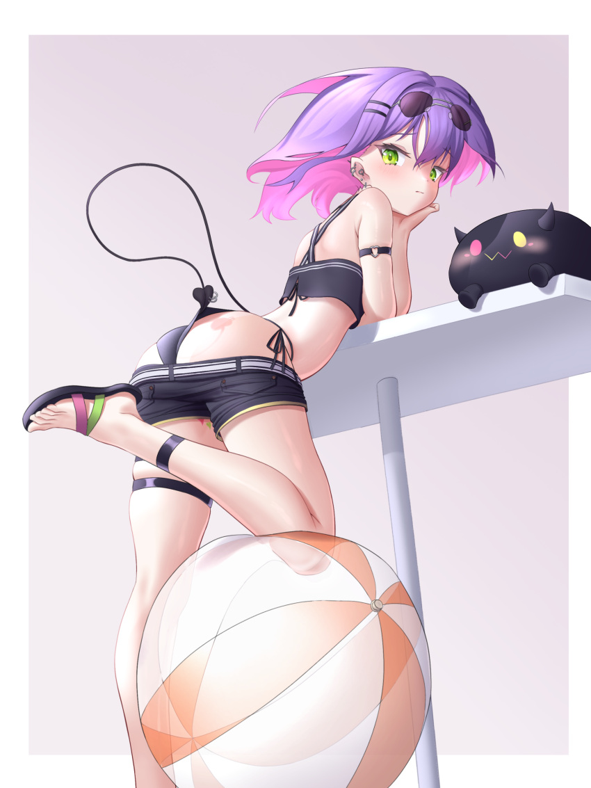 1girl absurdres arm_strap armpit_crease ass ball beachball bibi_(tokoyami_towa) bikini bikini_under_clothes black_bikini black_shirt black_shorts border closed_mouth colored_inner_hair crop_top demon_tail ear_piercing eyelashes eyewear_on_head feet foot_out_of_frame from_behind green_eyes grey_background hair_ornament hairclip head_rest highres hololive leaning_forward left_(left_sio) legs looking_at_viewer micro_shorts multicolored_hair piercing pink_hair pointy_ears purple_hair sandals shiny_skin shirt shorts side-tie_bikini_bottom skindentation solo standing standing_on_one_leg sunglasses swimsuit tail tail_ornament tail_piercing thigh_strap thighs toes tokoyami_towa virtual_youtuber white_border